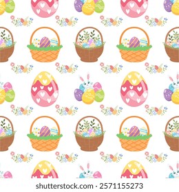 Easter seamless pattern in simple design. Easter eggs and cute bunny vector illustration in flat style. Happy Easter celebration, tradition. Design texture ideal for printing fabric and paper.