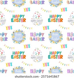 Easter seamless pattern in simple design. Easter typography vector illustration in flat style. Happy Easter celebration, tradition. Design texture ideal for printing fabric and paper.