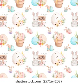 Easter seamless pattern in simple design. Easter basket eggs, cute bunny vector illustration in flat style. Happy Easter celebration, tradition. Design texture ideal for printing fabric and paper.