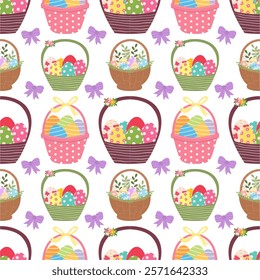 Easter seamless pattern in simple design. Easter basket eggs vector illustration in flat style. Happy Easter celebration, tradition. Design texture ideal for printing fabric and paper.