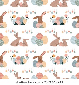 Easter seamless pattern in simple design. Easter eggs, cute bunny vector illustration in flat style. Happy Easter celebration, tradition. Design texture ideal for printing fabric and paper.