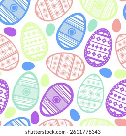 Easter seamless pattern in simple design. Easter eggs cute illustration in flat style. Ornamental eggs. Violet, light green, blue and light pink colors on white background.