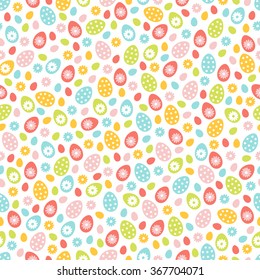 Easter seamless pattern with small holiday eggs and daisy flowers. Perfect for wallpaper, gift paper, pattern fills, web page background, spring and Easter greeting cards