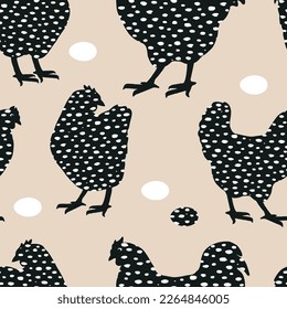 Easter seamless pattern with speckled chicken silhouettes, and eggs. Vector illustration, farming background.