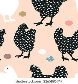 Easter seamless pattern with speckled chicken silhouettes, and eggs. Vector illustration, spring background