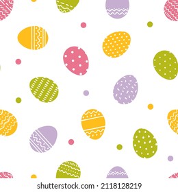 Easter seamless pattern in spring colors. Background with easter eggs and dots. Vector illustration.