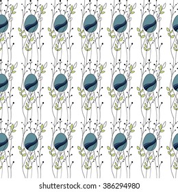 Easter seamless pattern. Spring decorative background with eggs, floral border. green and blue ornate branches. Perfect texture and wallpaper for wrapping paper, textile, web-design, festive decor