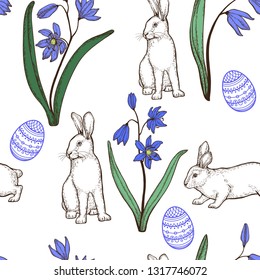 Easter seamless pattern. Spring flowers and rabbits. Easter eggs.