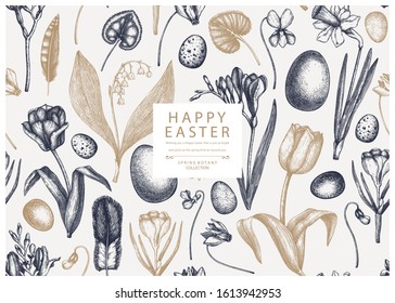 Easter seamless pattern. With spring flowers, bird feathers, eggs and floral elements. Hand drawn botanical illustrations. Spring plants sketches. Vector Easter invitation or greeting card template. 