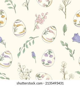 Easter seamless pattern with spring flowers and painted eggs