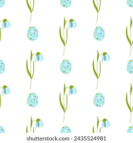 Easter seamless pattern with spring flowers and eggs.Vector illustration  in minimalist style on a white background.