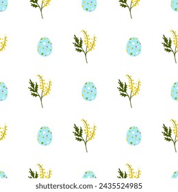 Easter seamless pattern with spring flowers and eggs.Vector illustration  in minimalist style on a white background.