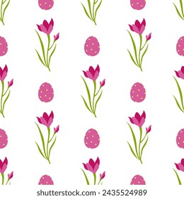 Easter seamless pattern with spring flowers and eggs.Vector illustration  in minimalist style on a white background.