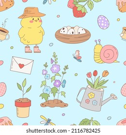 Easter seamless pattern with spring vector elements - chick, straw hat, nest, eggs, snail, butterfly, flowers, seedlings, watering can, easter egg, strawberry. Rustic, carefree childhood happy print.