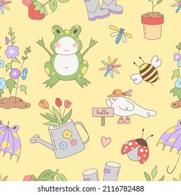 Easter seamless pattern with spring vector elements - beetles, dragonfly, bee, sprouts, seedlings, adorable, flowers, bird, watering can, umbrella, rubber boots.  Yellow background.