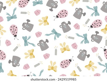 Easter seamless pattern with spring vector elementsbow, ladybug, bee, basket. Rustic, decorative celebration repeat illustration