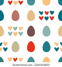 Easter seamless pattern with striped and dotted eggs and small hearts. Perfect print for tee, paper, fabric, textile. Vintage vector illustration for decor and design.

