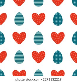 Easter seamless pattern with striped and dotted eggs and doodle hearts. Perfect print for tee, paper, fabric, textile. Vintage vector illustration for decor and design.

