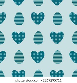 Easter seamless pattern with striped eggs and dotted hearts. Perfect print for tee, paper, fabric, textile. Monochrome vector illustration for decor and design.
