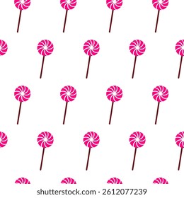 Easter seamless pattern with swirl lollipop in spring style. Repeating pink lollipop isolated on white. Concept decorative Easter background with sweet seasonal lollipop for happy spring design. Wrap.