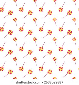 Easter seamless pattern with swirl yellow red lollipop in doodle style. Repeating lollipop isolated on white. Concept decorative Easter background with sweet seasonal lollipop for happy spring design