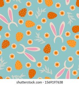 Patrón sin fisuras de Pascua con símbolos de Pascua: máscara de Pascua con orejas de conejo, flores lindas y huevos