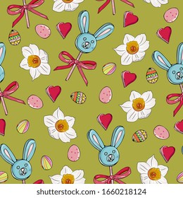 Easter seamless pattern. Toy bunny, Easter eggs, hearts and daffodils.
Hand drawing, festive background.