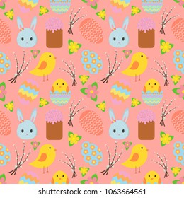 Easter. Seamless pattern with traditional Easter symbols for wrapping paper, wallpaper, web page backgrouns and more.