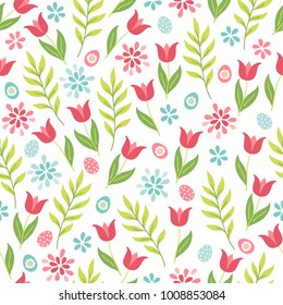 Easter seamless pattern with tulips, branch, eggs, leaves and flowers. Perfect for wallpaper, gift paper, web page background, spring greeting cards