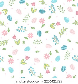 Easter seamless pattern with tulips, branch, eggs, leaves and flowers. Ideal for wallpaper, gift paper, web page background, spring greeting cards