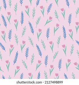 Easter seamless pattern with tulips, leaves and branches on light pink background. Perfect for spring and summer greetings, wallpaper, wrapping paper, fabric. Vector illustration