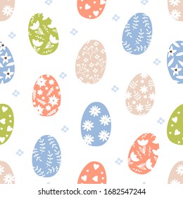 Easter seamless pattern with various colored eggs. Texture for textile, postcard, wrapping paper, packaging etc. Vector illustration.