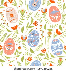 Easter seamless pattern with various flowers, leaves and decorative eggs. Texture for textile, postcard, wrapping paper, packaging etc. Vector illustration.