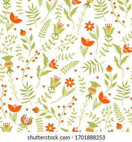 Easter seamless pattern with various flowers and leaves. Texture for textile, postcard, wrapping paper, packaging etc. Vector illustration.