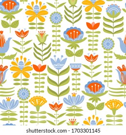 Easter seamless pattern with various flowers and leaves. Folk motif. Texture for textile, postcard, wrapping paper, packaging etc. Vector illustration.