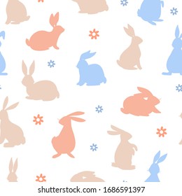 Easter seamless pattern with various silhouette bunnies and flowers. Texture for textile, postcard, wrapping paper, packaging etc. Vector illustration on white background.