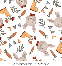 easter seamless pattern vector bunny rabbit carrot cute watercolor hand painted cottage spring