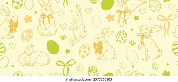 Easter seamless pattern, vector holiday bunny hand drawn texture, doodle cute rabbit, ribbon, bow. Spring festive minimal textile print, colorful traditional eggs, flower. Easter pattern background