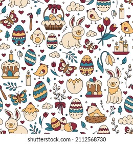 Easter seamless pattern with vector icons of eggs, chickens, flowers and bunnies. Cute doodle holiday symbols for printing on paper or fabric.