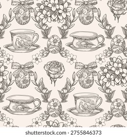 Easter seamless pattern with vintage dishware and rose flower line graphic background. Hand drawn vector grid design in sketch style. Floral print for wallpaper. Perfect for holiday fabric and paper.