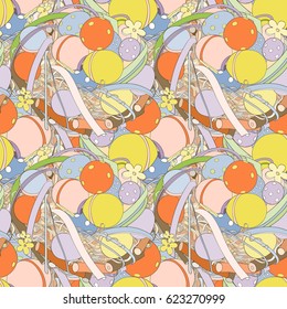 Easter seamless pattern for wallpaper, website background, wrapping paper or textile printing Hand drawn endless illustration of cake, tulip tulip, bunny, eggs, basket on light background.