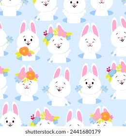 Easter seamless pattern of white bunnies and flowers