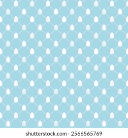 Easter Seamless Pattern. White Easter Eggs and Lines on Blue Background. Beautiful Holiday Print. Modern Happy Easter Design. Vector illustration in Blue, White