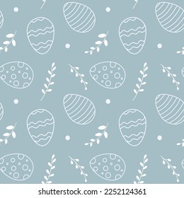 Easter seamless pattern with white outline ornate eggs, spring twigs, leaves on pastel green background. Hand drawn doodle vector illustration.