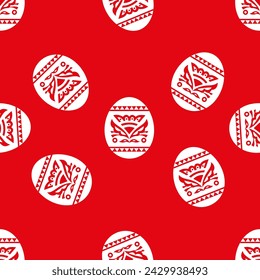 Easter seamless pattern with white patterned eggs on red background.