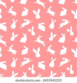 Easter seamless pattern of white rabbit silhouettes in different actions. Festive Easter bunnies design. Isolated on red background. For Easter decoration, wrapping paper, greeting, textile, print