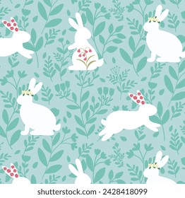 Easter seamless pattern with white rabbits, floral crowns, and botanical foliage on blue background — cute spring bunny design for fabric, wrapping paper, and festive decoration