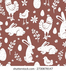 Easter seamless pattern with white rabbits, chickens, chicks, eggs and flowers on brown background. Spring holiday naive illustration texture.