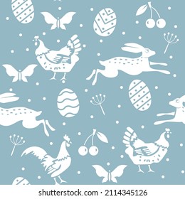 Easter seamless pattern with white rooster, hen, rabbits, eggs, cherries on blue background.
