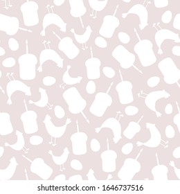 Easter seamless pattern. Seamless pattern white silhouette Easter cakes, chicken and eggs on a beige background. Stock vector illustration. Seamless pattern for your concept idea. Eps 10.